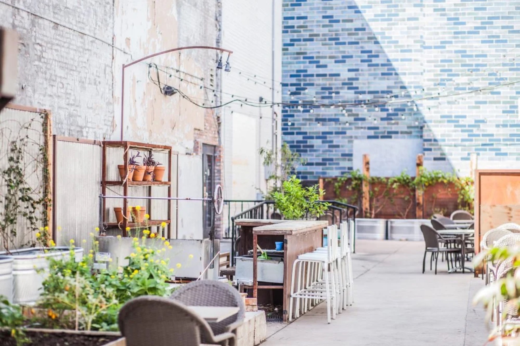 Nook’s plant-filled patio against the blue-brick building
